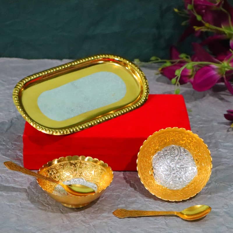 Gold Plated Bowl Spoon Tray Set Light Weight Dry Fruits Serving